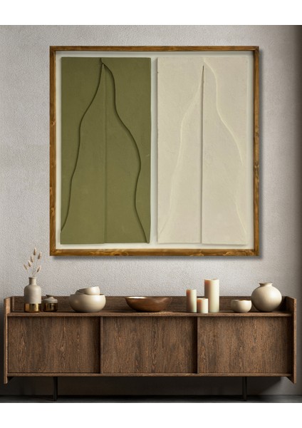 Minimalist Dekorasyon Için 3D Kum Dokulu Soyut Sanat Tablosu, Evinize Derinlik KATIN-90X90YEŞIL-EKRU-T3D4-4080105