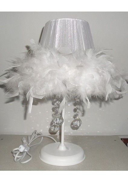 Beyaz Tüylü Taşlı Yatak Odası Abajuru Metal Ayaklı Abajur