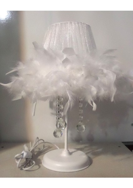 Beyaz Tüylü Taşlı Yatak Odası Abajuru Metal Ayaklı Abajur modelleri