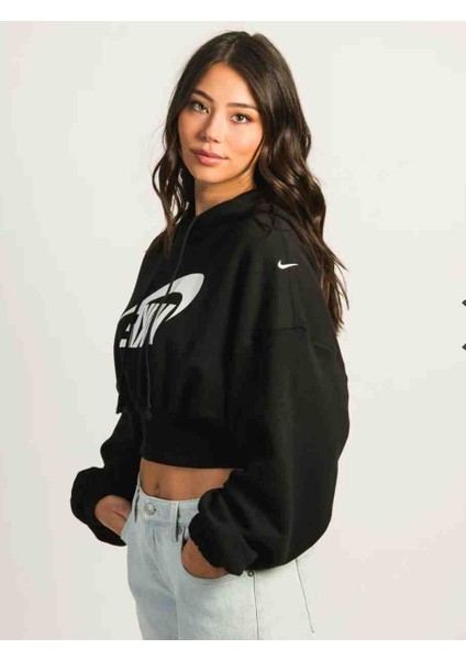 Sportswear Bol Kesimli Crop Fransız Havlu Kumaşı Kadın Kapüşonlu Sweatshirt