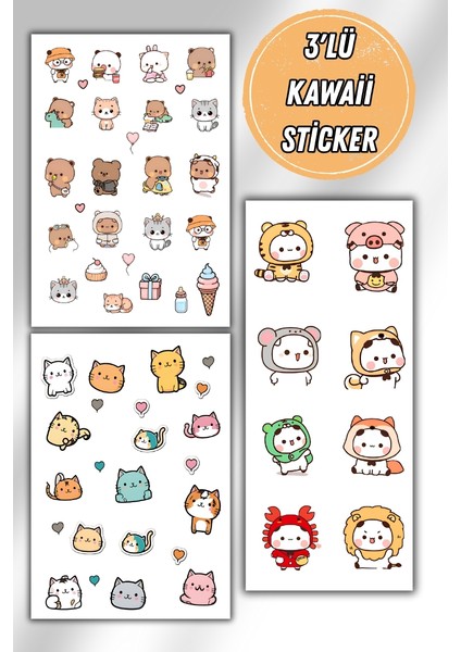3 Lü Kawaii Sticker Set 40 + Çıkartma - Telefon Laptop Notebook Tablet Defter Matara Stiker Etiket