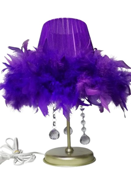 Mor Tüylü Taşlı Yatak Odası Abajuru Ahşap Beyaz Metal Gold Ayak fiyatları