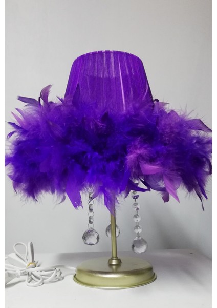 Mor Tüylü Taşlı Yatak Odası Abajuru Ahşap Beyaz Metal Gold Ayak fırsatları