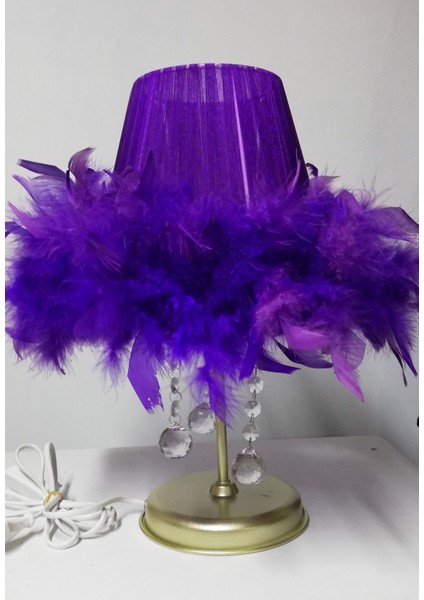 Mor Tüylü Taşlı Yatak Odası Abajuru Ahşap Beyaz Metal Gold Ayak indirimleri