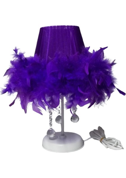 Mor Tüylü Taşlı Yatak Odası Abajuru Ahşap Beyaz Metal Gold Ayak