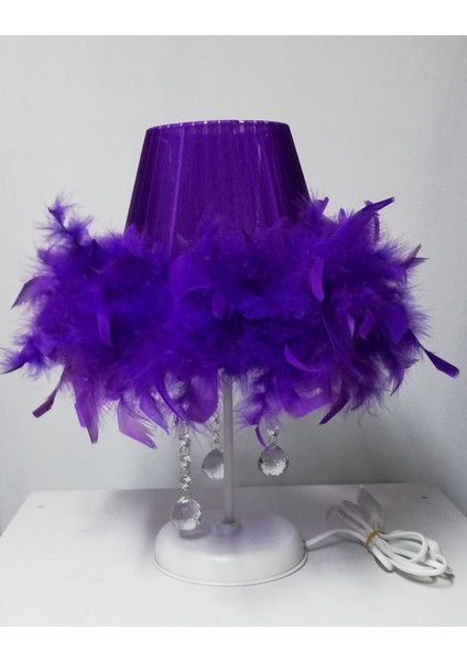 Mor Tüylü Taşlı Yatak Odası Abajuru Ahşap Beyaz Metal Gold Ayak fiyatları