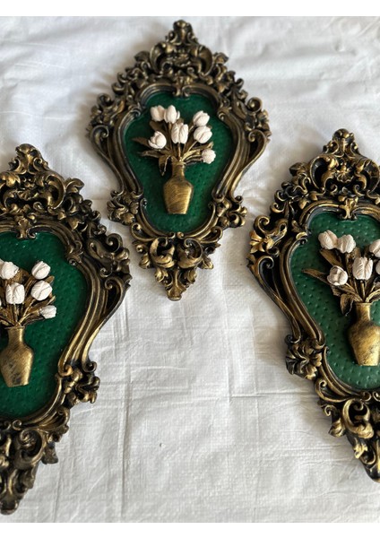 Zümrüt Yeşili Çiçekli Tablo 3lü Set 42 cm