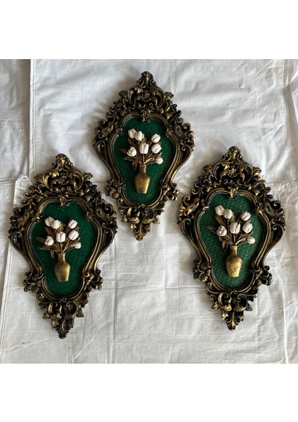 Zümrüt Yeşili Çiçekli Tablo 3lü Set 42 cm modelleri