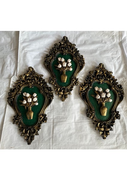 Zümrüt Yeşili Çiçekli Tablo 3lü Set 42 cm fırsatları