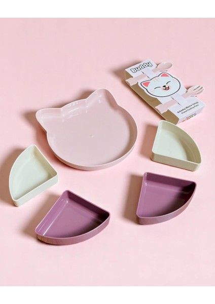 Buddy Mama Tabağı, Bebekler Ve Çocuklar İçin 7 Parça Kedi Şekilli Mama Tabağı Seti - Pembe Mor Bej