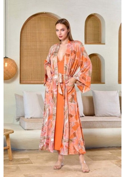 25557 Kadın Desenli Uzun Kimono Viskon Sabahlık