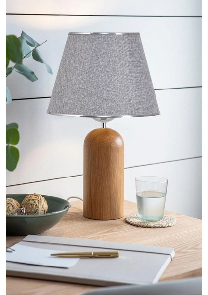 Kingsbury Ahşap Ayaklı Gümüş Detaylı Gri Abajur