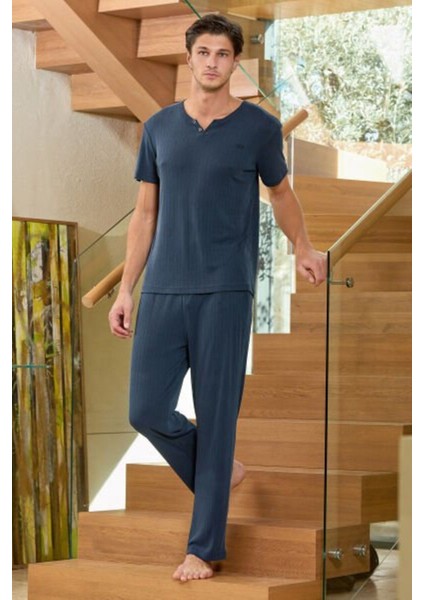 25905 Erkek Lacivert Kısa Kol Düğme Detay Erkek Modal Pijama Takım