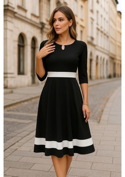 Kadın Fakir Kol Yakası Açık Blok Renkli Krep Midi Elbise