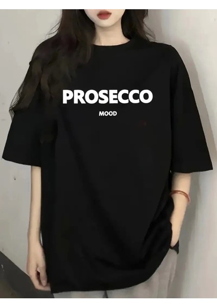 Baskılı Oversize Bisiklet Yaka T-Shirt - Siyah