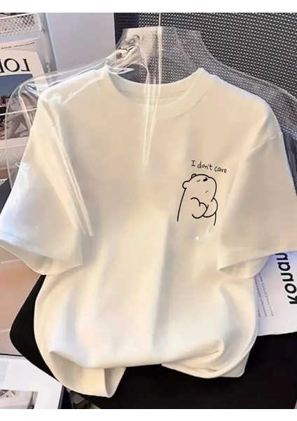 Baskılı Oversize Bisiklet Yaka T-Shirt - Beyaz