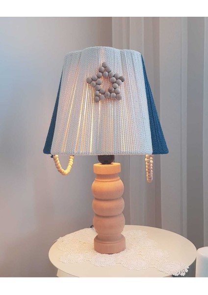 Makrome Şık Boncuklu Abajur Iskeleti Ekru ve Petrol Mavisi Renk