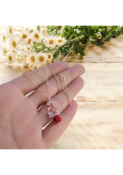 925 Ayar Gümüş Gül Tasarım Rose Gold Kolye