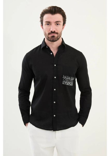 Desenli Slim Fit Uzun Kollu Keten Erkek Gömlek