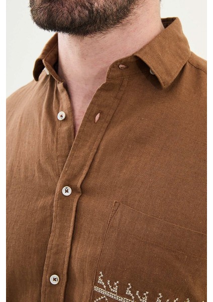 Desenli Slim Fit Uzun Kollu Keten Erkek Gömlek