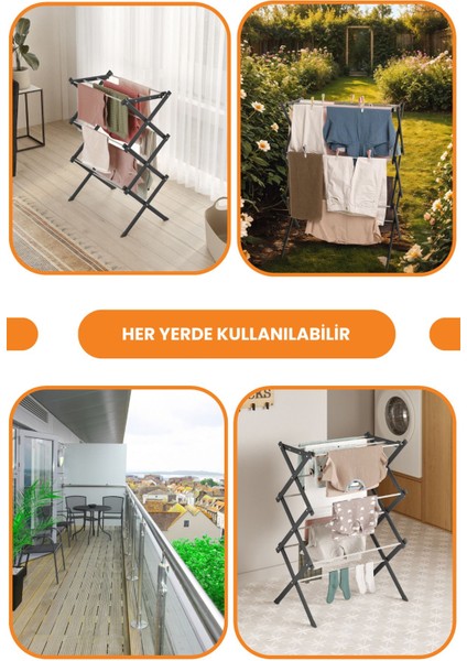 Portadry Taşınabilir Yer Tasarruflu Pratik ve Dayanıklı Metal Akordiyon Çamaşır Askısı-70 cm Siyah