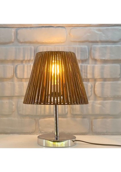 Krom Kaplama Metal Ayak Handmade Naturel Konik Kahverengi Şapkalı Abajur Masa Lambası Modelleri