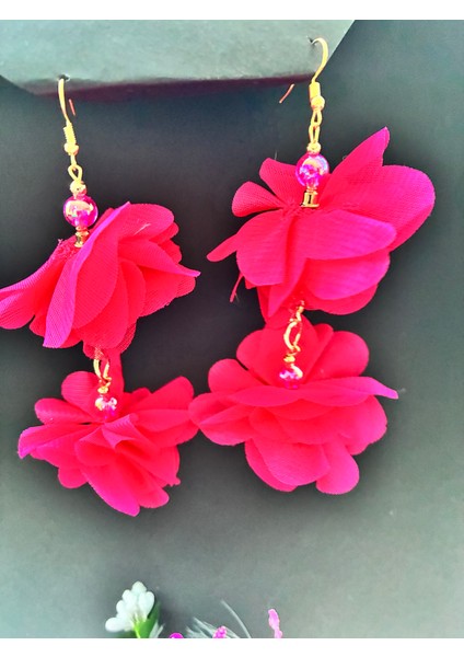 Lazer Kesim Fuşya Pembe Çiçekli Sallantılı Küpe Çift