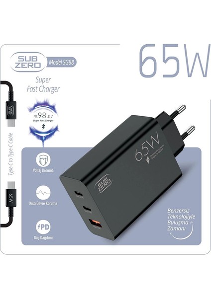 Xiaomi Redmi Note9 Uyumlu 65W Usb+Pd+Pd ( 3 ) Girişli Süper Fast Type-C Şarj Aleti + Kablo ( Orginal Subzero)
