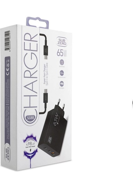 Xiaomi Redmi Note9 Uyumlu 65W Usb+Pd+Pd ( 3 ) Girişli Süper Fast Type-C Şarj Aleti + Kablo ( Orginal Subzero)
