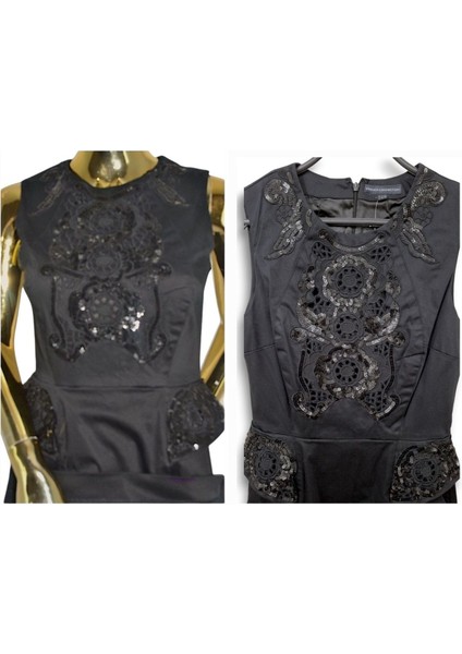 #french Connection 38 -M #oymalı Nakış Işçilikli Tasarım Siyah Dizüstü Kolsuz Elbise fiyatları