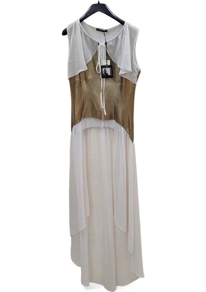 38 / M Via Delle Rose Vdr Şifon Suni Deri Karışım Tasarım Gold + Beyaz Tunik / Yelek / Bluz