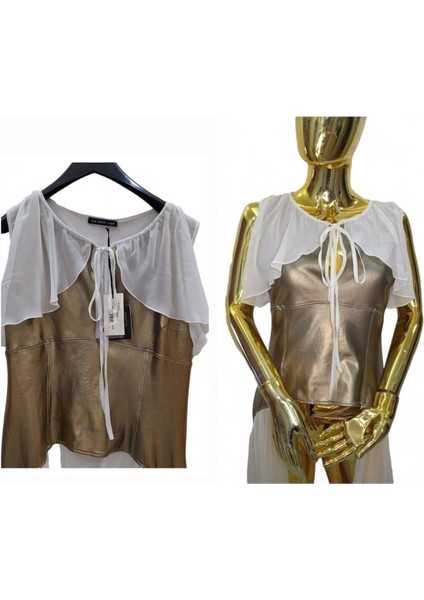 38 / M Via Delle Rose Vdr Şifon Suni Deri Karışım Tasarım Gold + Beyaz Tunik / Yelek / Bluz fiyatları