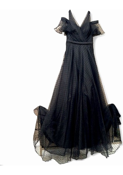 Xs -S A Kesim 3 Katlı Kloş Etekli Tül Kat Saten Katmanlı Kalın Askılı Pelerin Kısa Kollu Siyah Abiye