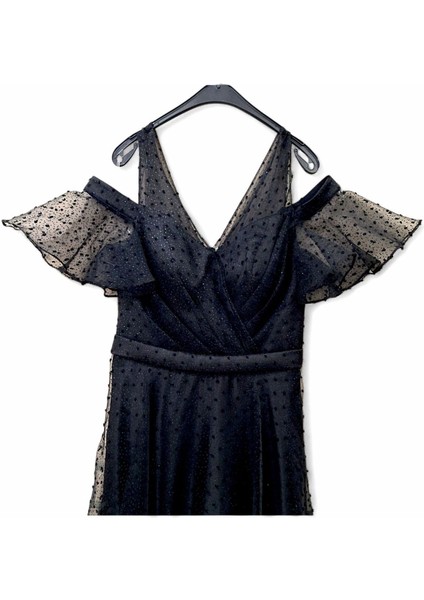 Xs -S A Kesim 3 Katlı Kloş Etekli Tül Kat Saten Katmanlı Kalın Askılı Pelerin Kısa Kollu Siyah Abiye modelleri