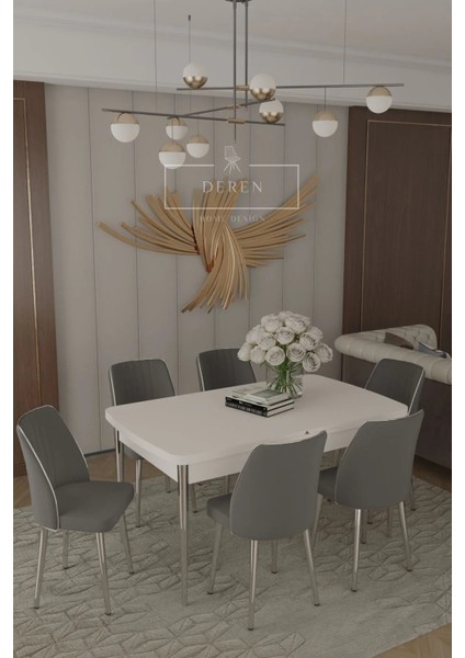 Parla Gümüs Serisi 80 x 130 Mdf Açılabilir Masa + 6 Adet Silinebilir Kumaş Sandalye Metal Ayak Masa Takımı
