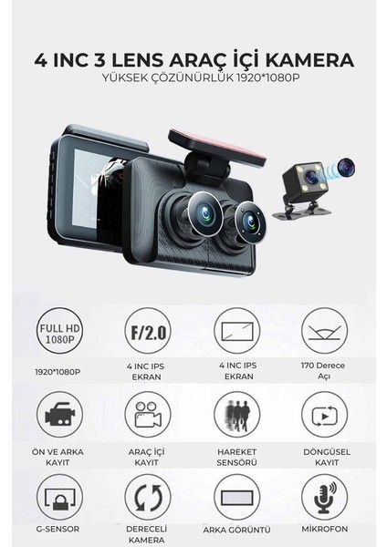 3 Lens Kameralı 1080P Araç Içi Kamera Geci Görüş/çift Kamera