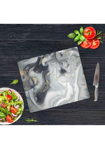 29X34 cm Cam Kesme Tahtası Gri Altın Mermer