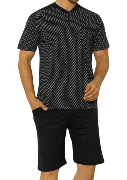 Erkek Desenli Bisiklet Yaka 3 Düğmeli Göğüs Cepli %100 Pamuk Kısa Kol Şortlu Pijama Takımı
