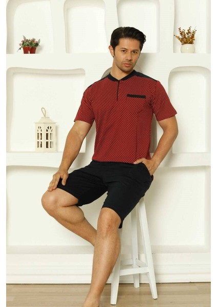 Erkek Desenli Bisiklet Yaka 3 Düğmeli Göğüs Cepli %100 Pamuk Kısa Kol Şortlu Pijama Takımı