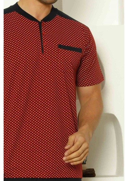 Erkek Desenli Bisiklet Yaka 3 Düğmeli Göğüs Cepli %100 Pamuk Kısa Kol Şortlu Pijama Takımı fırsatları