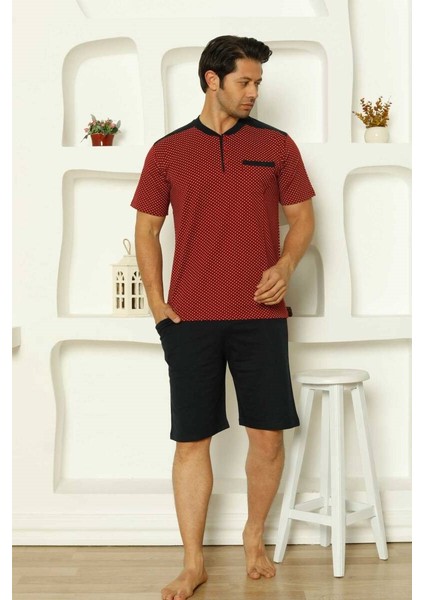Erkek Desenli Bisiklet Yaka 3 Düğmeli Göğüs Cepli %100 Pamuk Kısa Kol Şortlu Pijama Takımı indirimleri