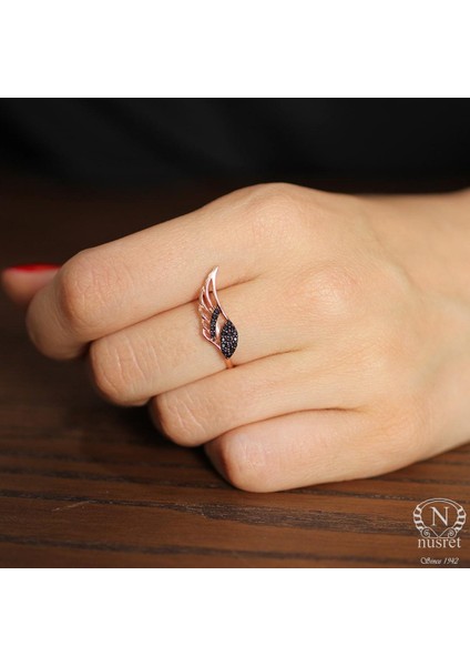 925 Ayar Gümüş Kanat Yüzük Pembe - Siyah Taş