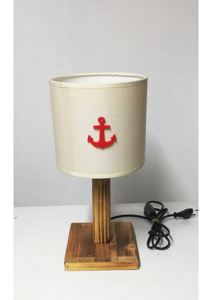 Krem Başlıklı Çapa Denizci Genç Odası Çocuk Odası Abajuru Ahşap Ayaklı