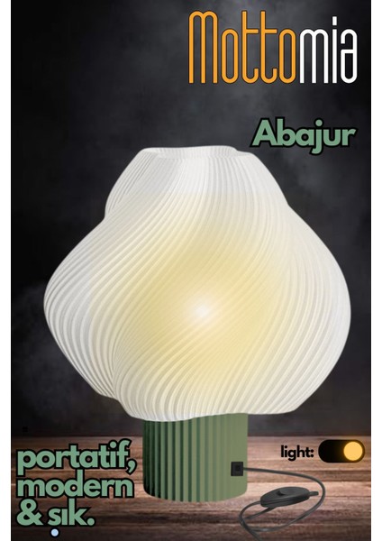 Green Olive Creme Modern ve Minimal Dekoratif Abajur - Kablolu gece ve Masa lambası