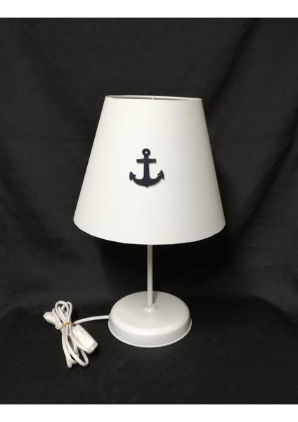 Beyaz Başlıklı Çapa Denizci Genç Odası Çocuk Odası Abajuru Beyaz Metal Ayaklı