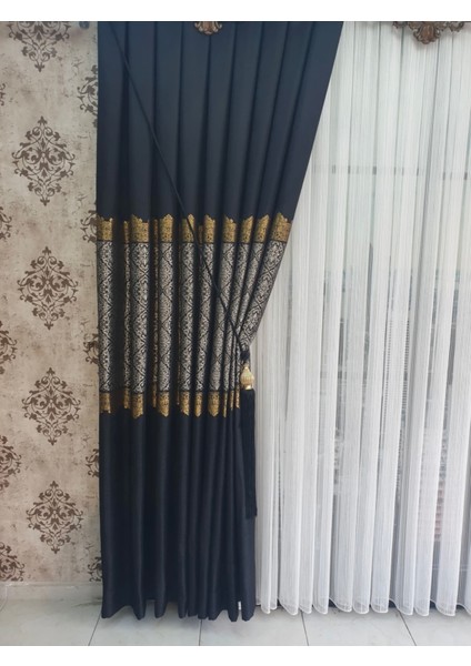 Şehzade Pano Fon Perde Siyah-Gri 1/3 Sık Pile ( Tek Kanat ) Braçöl Hediye