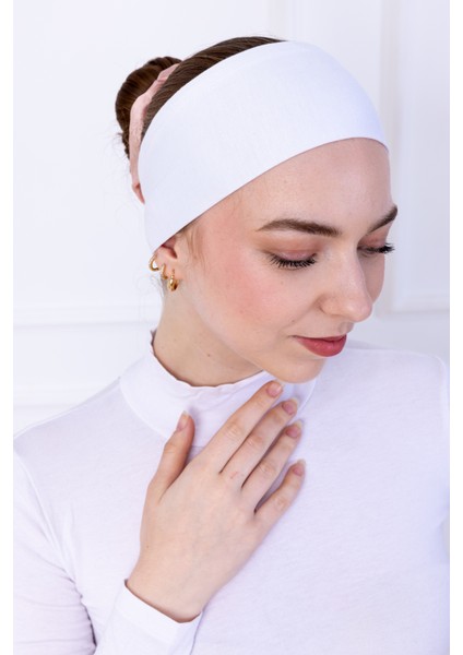 Bandana Beyaz Geçme Dikişsiz Tesettür Bone - Spor Saç Bandı