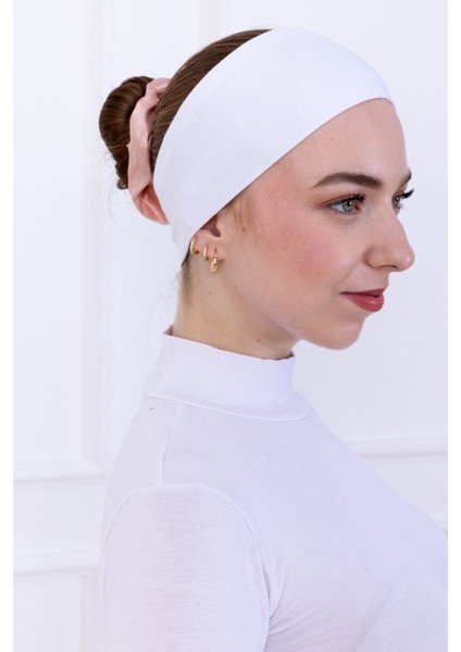 Bandana Beyaz Geçme Dikişsiz Tesettür Bone - Spor Saç Bandı