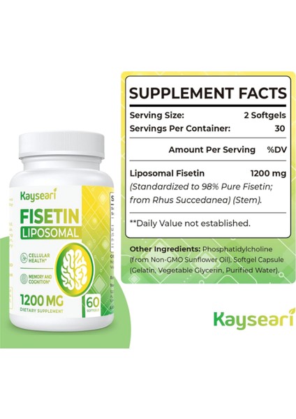 Liposomal Fisetin 1200MG Antioxidants Immunity Health Aging Cognitive Support 60 Capsules.abd Menşei fiyatları