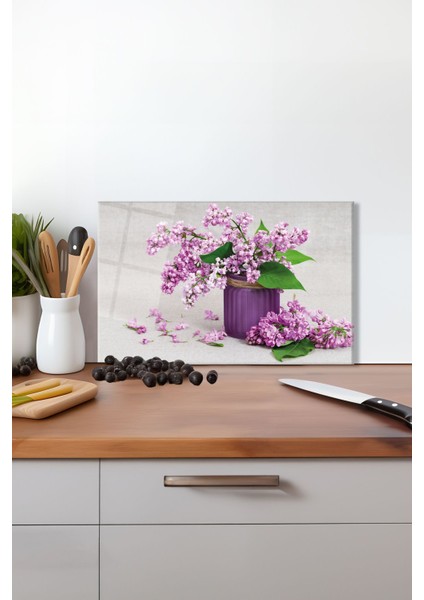 Mor Çiçekli Cam Kesme Tahtası, Silikon Ayaklı, Isıya Kırılmaya Dayanıklı, Sunum Kesim Tablası